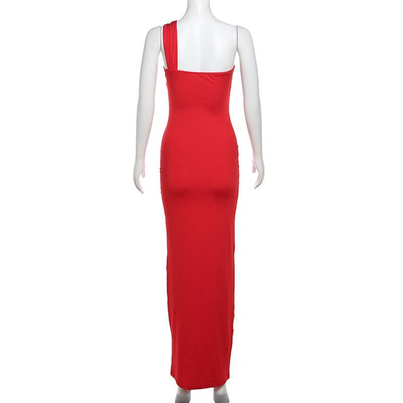 One shoulder ruched hollow out solid cami cut out maxi dress  | red tango dress