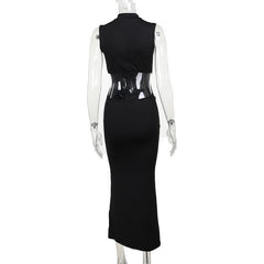 Sleeveless crewneck flower applique backless midi dress