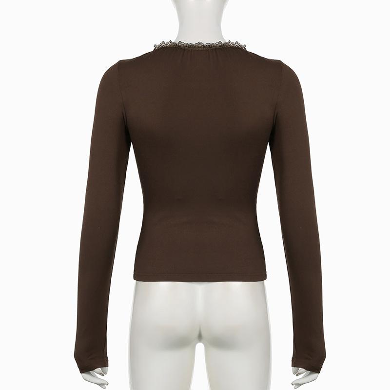 V neck long sleeve lace hem ruched bowknot top