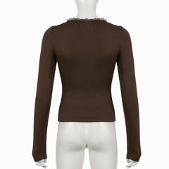 V neck long sleeve lace hem ruched bowknot top