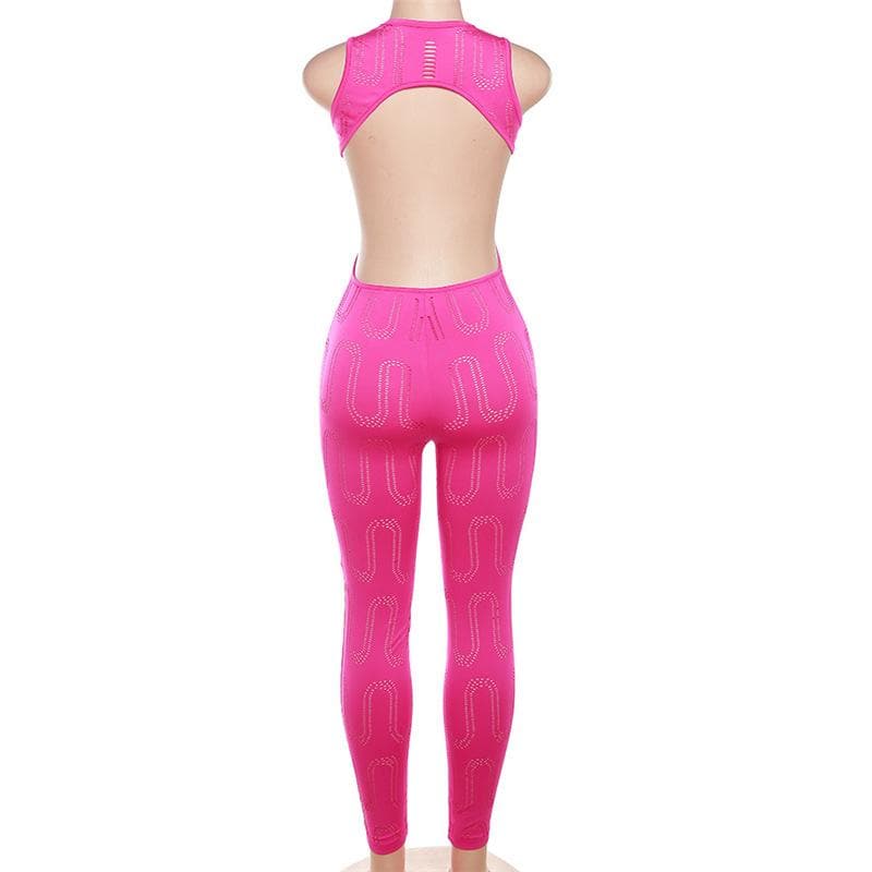 Sleeveless backless solid crewneck hollow out jumpsuit