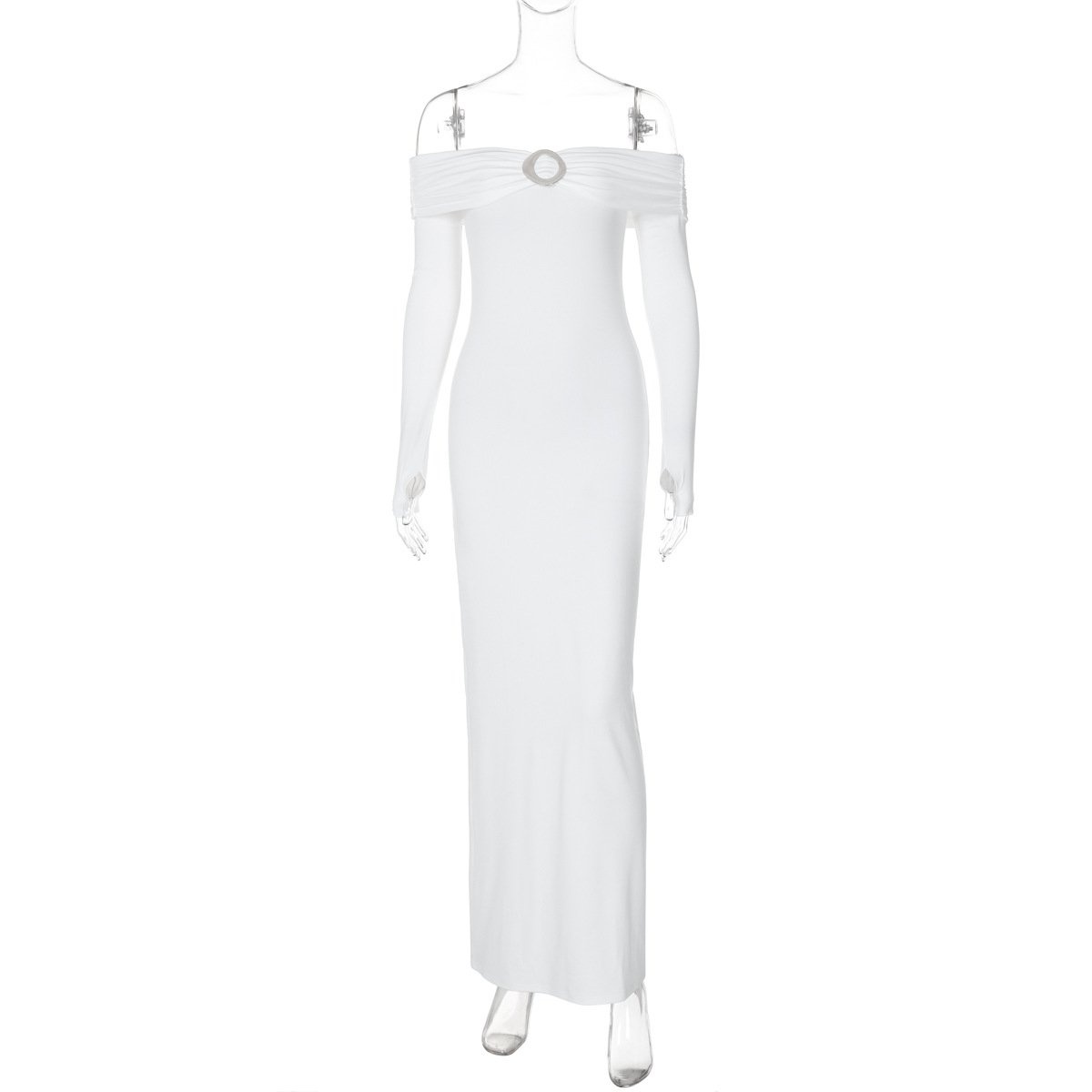 Off shoulder long sleeve slit o ring maxi dress