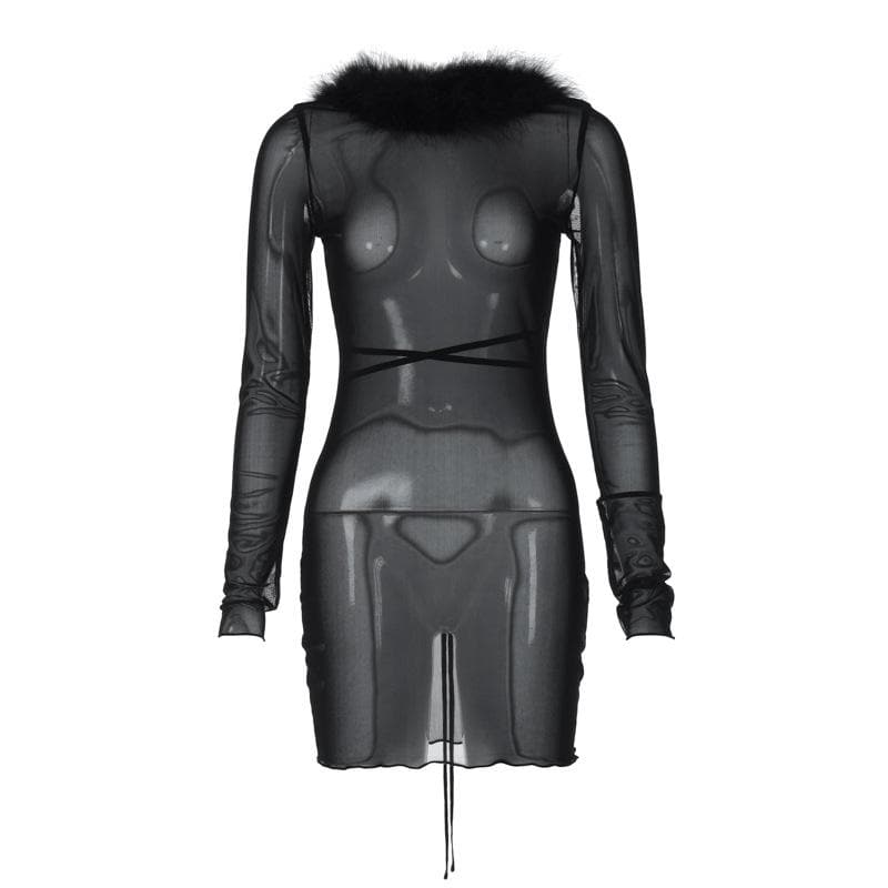 Long sleeve sheer mesh feather ruffle backless mini dress  | samba dress