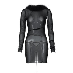 Long sleeve sheer mesh feather ruffle backless mini dress  | samba dress