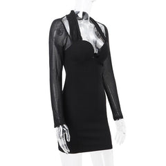 Long sleeve halter mesh zip-up mini dress