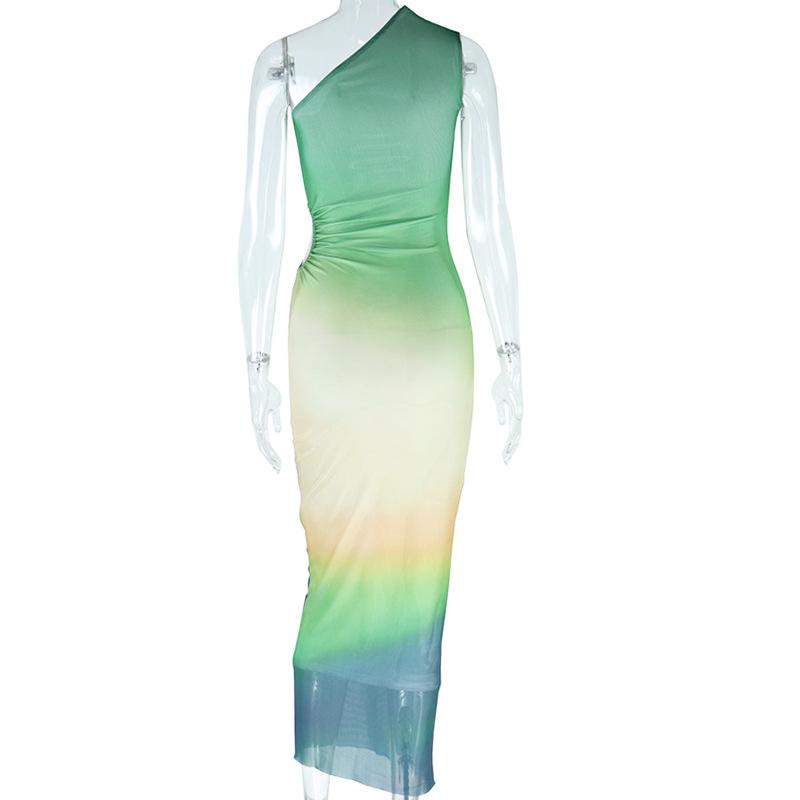 One shoulder gradient hollow out maxi dress
