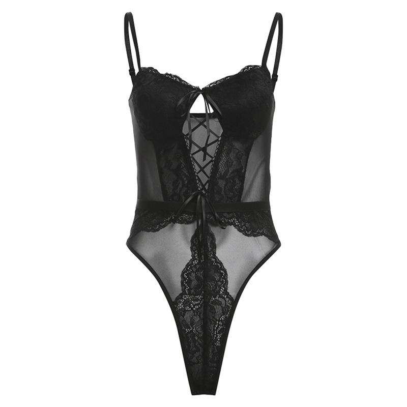 Lace up bowknot lace mesh patchwork cami bodysuit