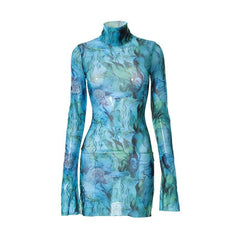 Sheer mesh see through print high neck slit long sleeve mini dress  | samba dress