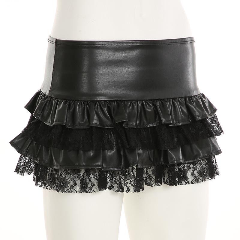 PU leather lace patchwork ruched mini skirt