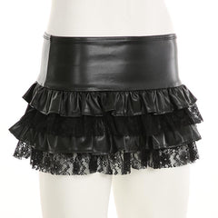 PU leather lace patchwork ruched mini skirt