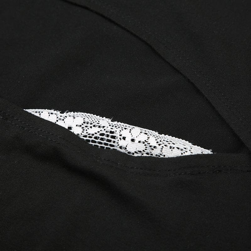 Lace hem hollow out contrast crewneck long sleeve cut out top