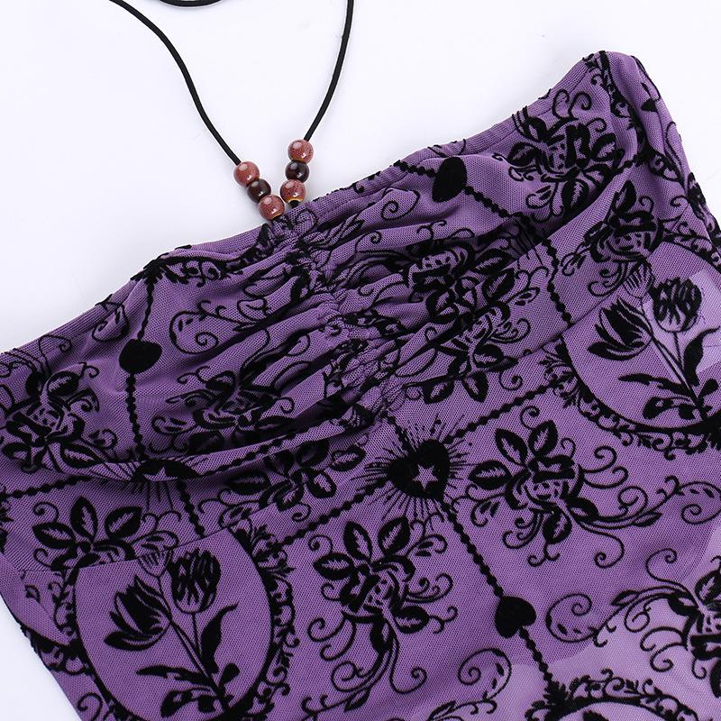 Halter drawstring ruched beaded mesh print top