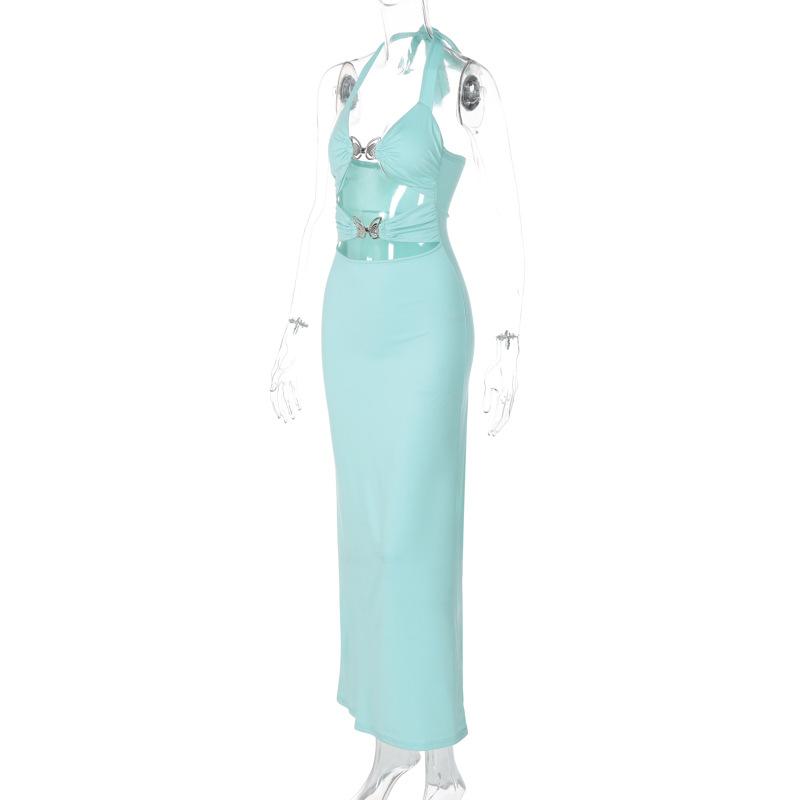 Halter metal butterfly hollow out maxi dress