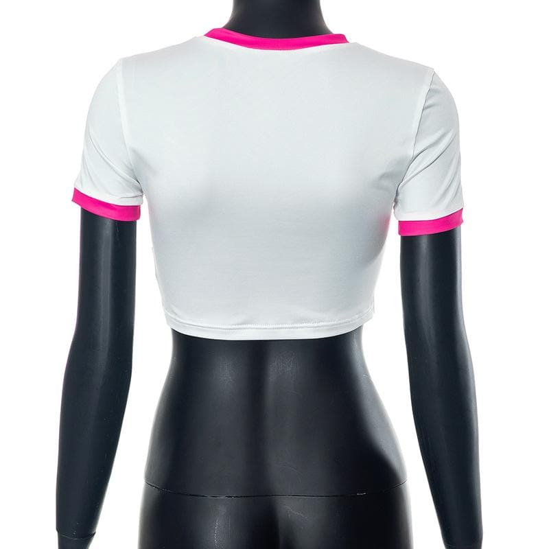 Short sleeve car pattern contrast patchwork crop top