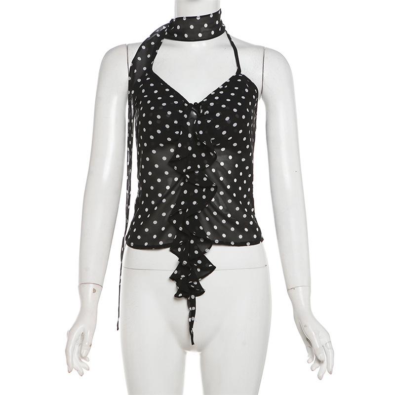 Halter polka dot ruffle chiffon 2 piece see through top