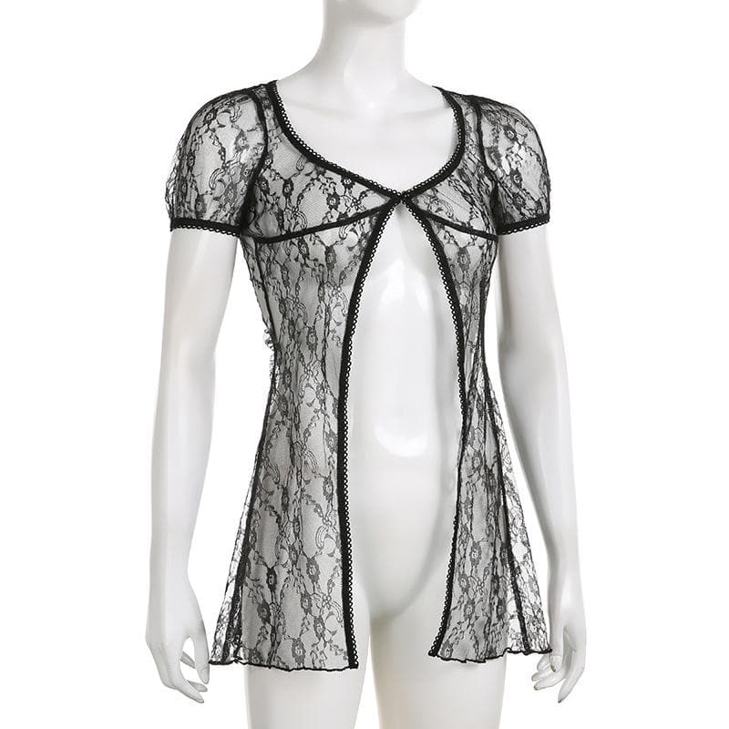 Lace short sleeve button see through ruffle solid top