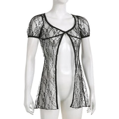 Lace short sleeve button see through ruffle solid top