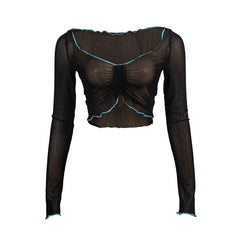 Long sleeve stitch sheer mesh ruffle crop top
