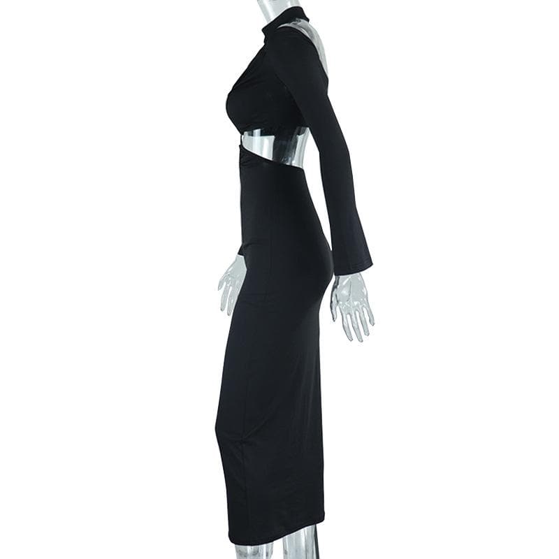 Hollow out cross front solid long sleeve halter midi dress  | black rave dress  | black rave dress