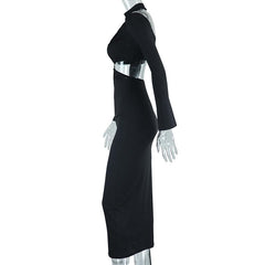 Hollow out cross front solid long sleeve halter midi dress  | black rave dress  | black rave dress