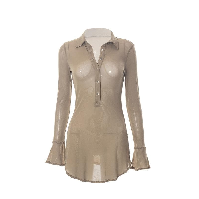 Sheer mesh see through button turnover collar flared sleeve mini dress  | samba dress