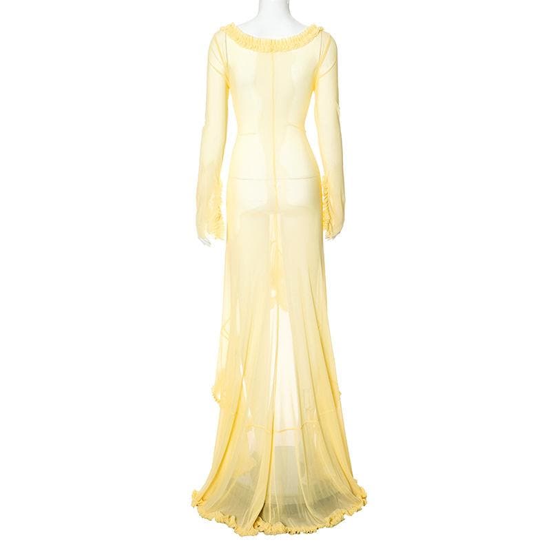 Long sleeve ruffle hollow out v neck sheer mesh cut out maxi dress  | samba dress