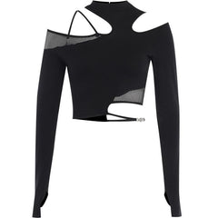Fishnet patchwork off shoulder long sleeve gloves irregular top