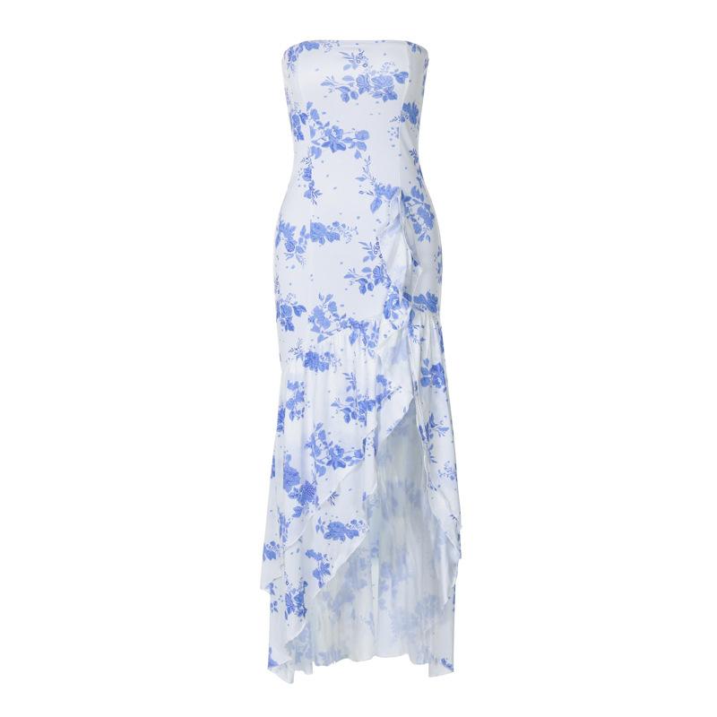 Print ruffle ruched high slit tube maxi dress