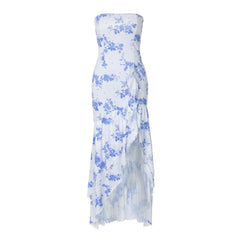 Print ruffle ruched high slit tube maxi dress