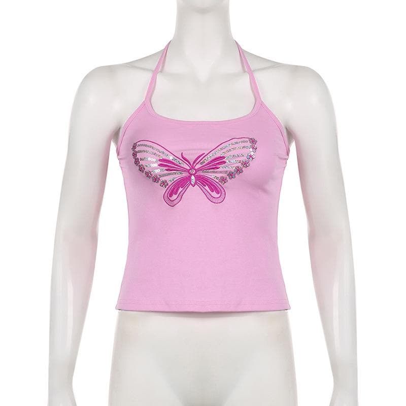 Halter backless glitter embroidery butterfly pattern top