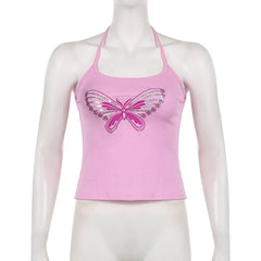 Halter backless glitter embroidery butterfly pattern top
