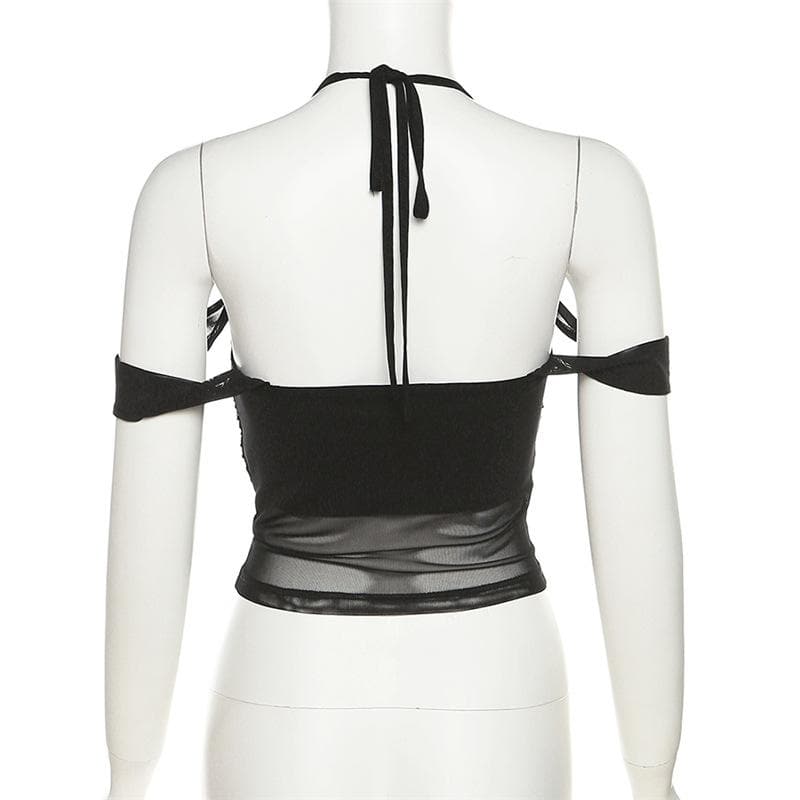 Mesh off shoulder halter solid backless ruched top