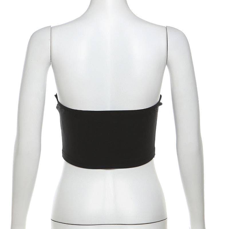 Lace up letter print backless stitch contrast tube top
