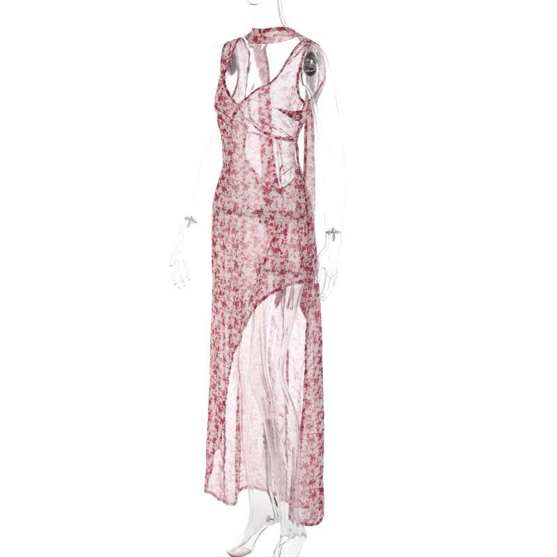 Chiffon flower print contrast backless v neck sleeveless maxi dress  | red tango dress