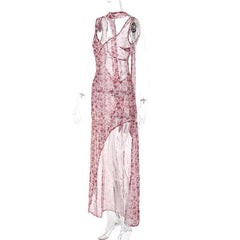 Chiffon flower print contrast backless v neck sleeveless maxi dress  | red tango dress