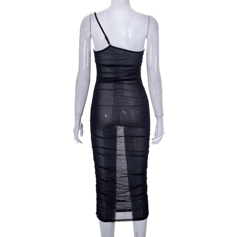 Sheer mesh see through one shoulder ruched irregular midi dress  | samba dress