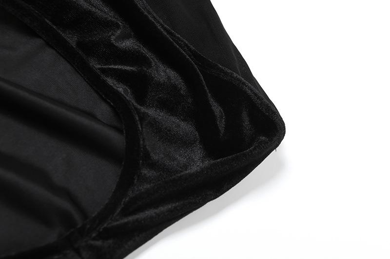 One shoulder irregular hollow out velvet mesh maxi dress
