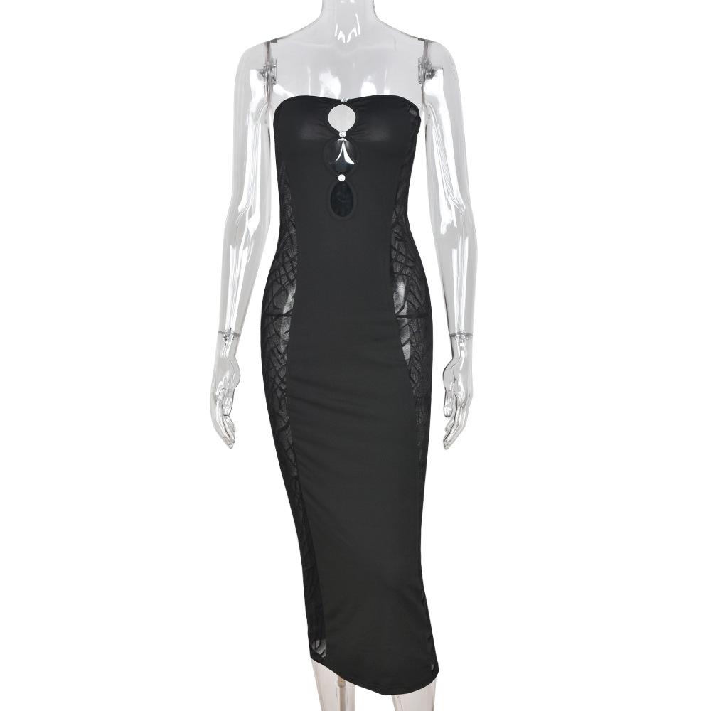 Hollow out beaded mesh backless tube midi dress