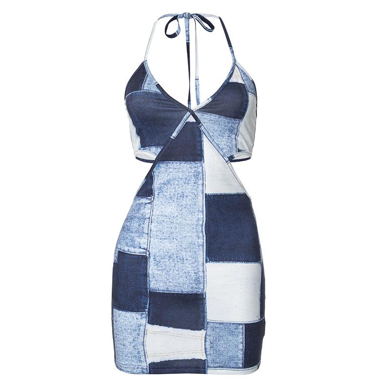Halter patchwork denim hollow out mini dress