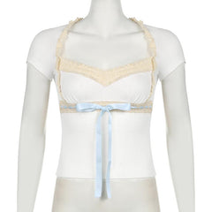 Short sleeve ribbon lace hem bowknot top