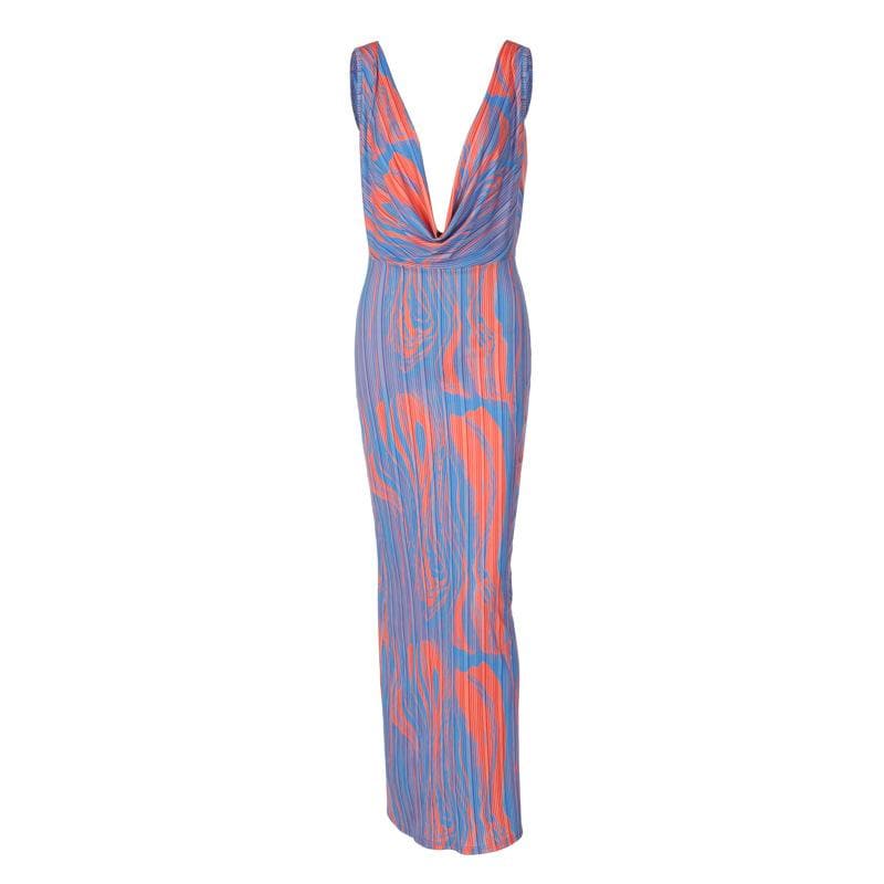 Contrast print cowl neck sleeveless backless maxi dress  | red tango dress