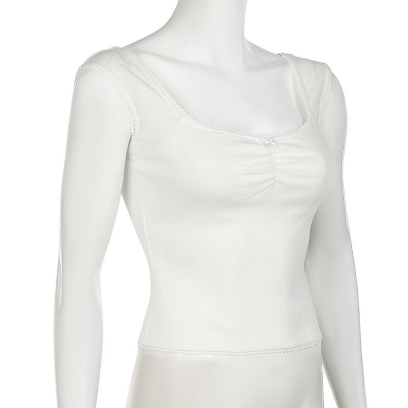 Cap sleeve ribbed bowknot textured lace hem top