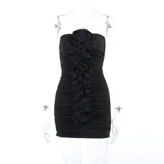 Solid ruched ruffle flower applique backless tube mini dress  | red tango dress