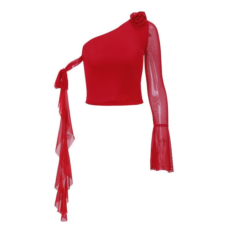 Long flared sleeve one shoulder mesh flower applique backless top