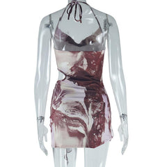Halter cowl neck hollow out o ring abstract mini dress