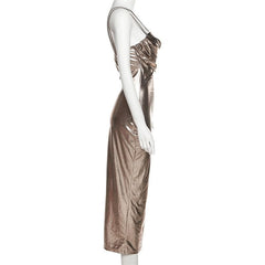 Metallic ruched backless patchwork solid midi dress