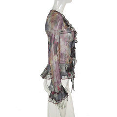 Long flared sleeve mesh abstract ruffle self tie top