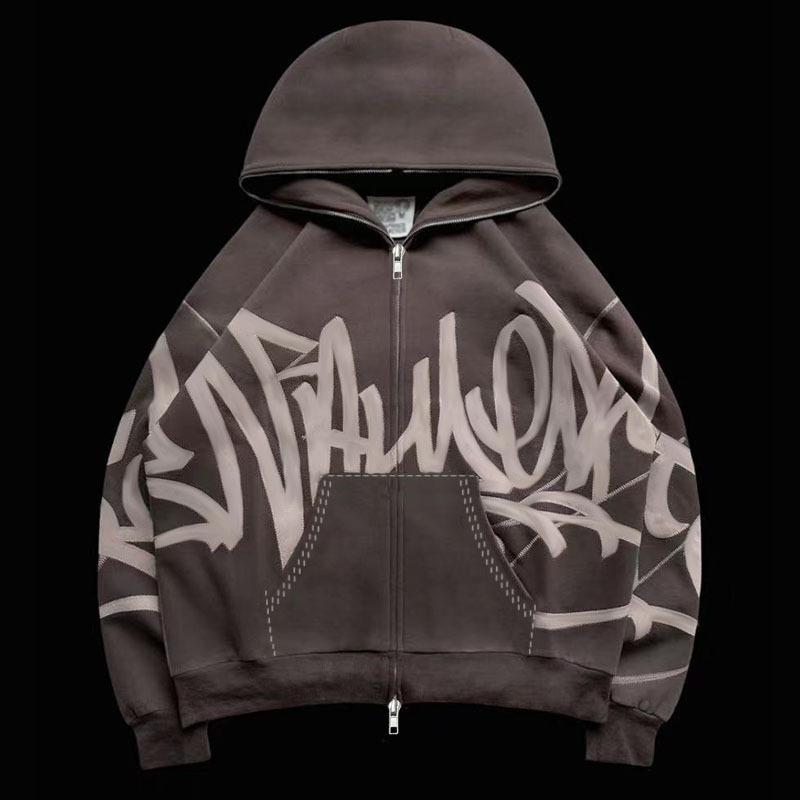 Letter print zip-up hoodie pant set