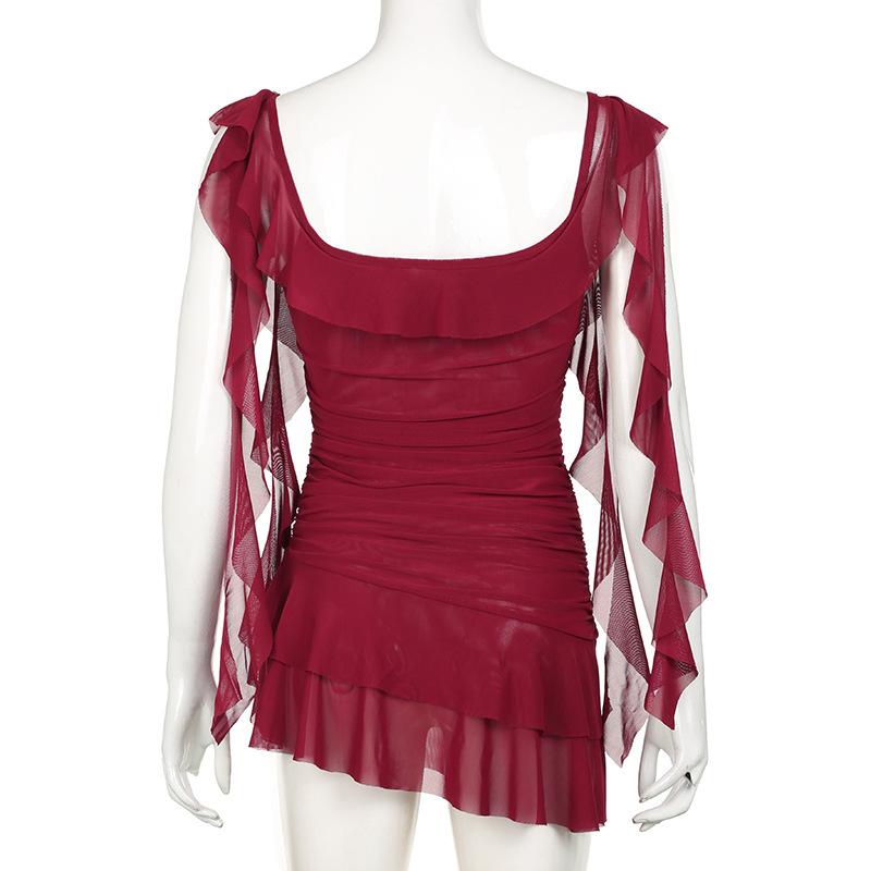 Square neck ruffle mesh ruched cami mini dress