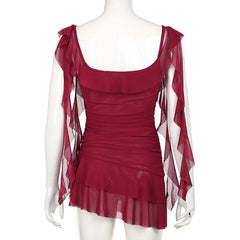 Square neck ruffle mesh ruched cami mini dress